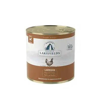Dosenfutter für Hunde mit Huhn von Lakefields, hochwertige Nassnahrung für erwachsene Hunde, speziell für Hunde mit Hühnerfleisch.