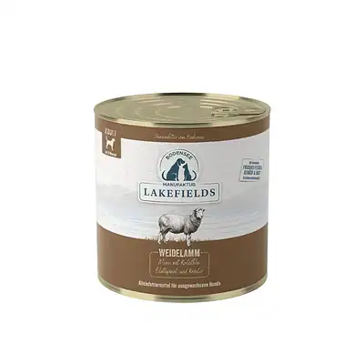 Dosenweidelamm für Hunde mit Kartoffeln, Gemüse und Kräutern, hochwertiges Hundefutter vom Kiezhund Hundeshop, geeignet für erwachsene Hunde, gesunde Mahlzeiten aus Bodensee-Manufaktur.