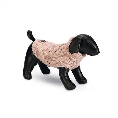 Stylischer Hundeschmuck in Form eines Dackels mit pinkem Strickpullover, perfekt für Hundeliebhaber und Hundebesitzer. Hochwertiges Hundespielzeug oder Deko-Objekt, ideal für Hundezubehör und Hundemodels.