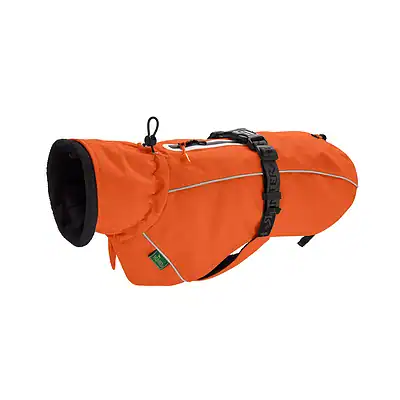 Robustes orangefarbenes Hundereisetasche mit thermischer Isolierung, reflektierendem Streifen und verstellbarem Brustgurt für sicheren Transport.