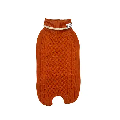 Weicher, orangener Hundepullover aus Wolle mit Zopfmuster, perfekte Passform und Komfort für Hunde, ideal für kalte Tage bei Kiezhund Hundeshop.