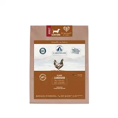 Bio-Hundefutter Landhuhn für kleine Hunde, getreidefrei, mit frischem Geflügel, Kartoffeln und Apfel, ideal für ausgewachsene Hunde, regionale Zutaten, ohne Konservierungsstoffe, bei Kiezhund Hundeshop erhältlich.